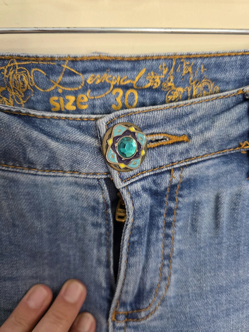Desigual Light Blue Skinny Jeans with Colorful Embroidered Cuffs